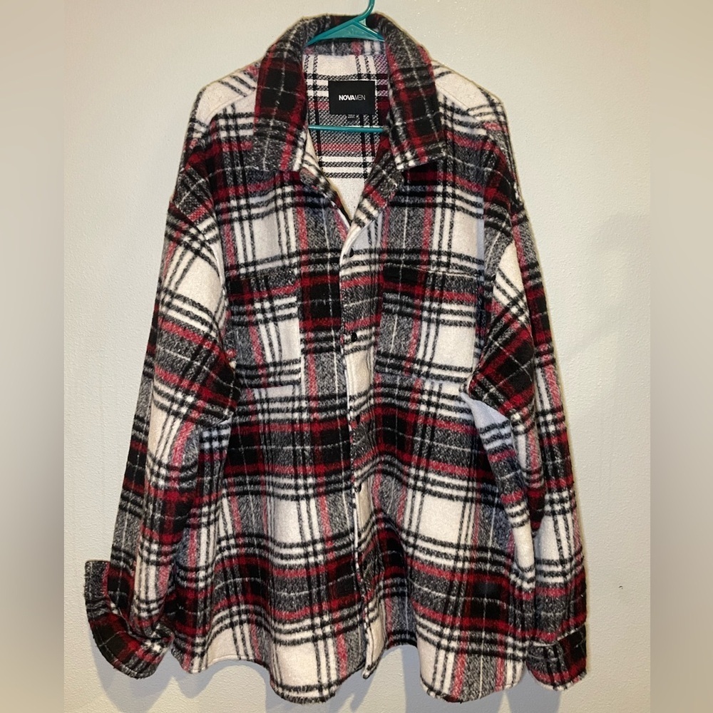 Men’s Plaid Button-Up Shirt - Burgundy, White and Black